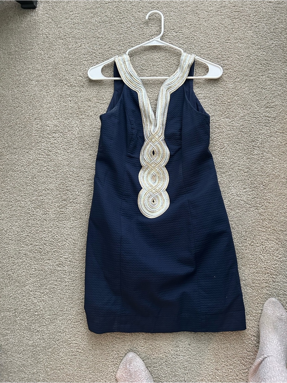 Lilly Pulitzer Navy Blue Textured Sheath Dress Metallic Embroidered Trim Size 2